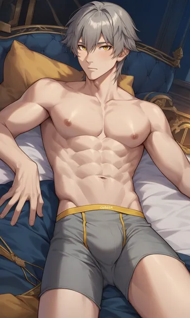 dvxxxgrai, honkai: star rail, caelus (honkai: star rail), 1boy, abs, closed mouth, grey hair, lying, male focus, male underwear, navel, nipples, nude, solo, topless, topless male, underwear, underwear only, ai generated, civitai, pixai, tagme