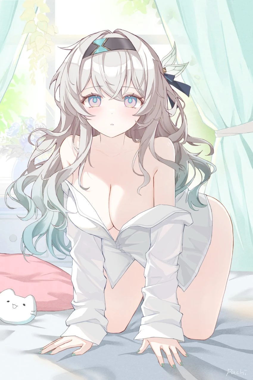 artist request, honkai (series), honkai: star rail, hoyoverse, firefly (honkai: star rail), 1girls, bare thighs, big breasts, breasts, cleavage, female, grey hair, long hair, looking at viewer, shirt, shirt only, solo, tagme