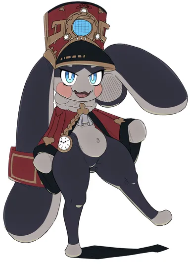 kurosu169, honkai (series), honkai: star rail, mihoyo, pom-pom (honkai: star rail), anthro, belly, black body, blue eyes, blush, clothed, clothing, conductor, furry, hat, headgear, headwear, lagomorph, leporid, long ears, male, mammal, multicolored body, rabbit, solo, two tone body, white body, absurd res, hi res, sketch