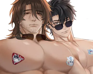 genshin impact, honkai: star rail, gallagher (honkai: star rail), wriothesley (genshin impact), big pecs, black hair, brown hair, glasses, looking at viewer, male, male focus, male only, mature male, muscular, muscular male, pecs, pectorals, stickers, stickers on body, crossover