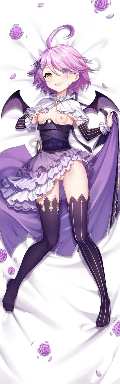 apricot, guns girlz (series), honkai (series), sin mal (honkai), 1girls, androgynous, breasts, dakimakura, demon, demon girl, demon wings, erect nipples, heterochromia, nipples, pink hair, purple eyes, purple hair, pussy, sharp teeth, small breasts, thick thighs, thighhighs, thighs, yellow eyes