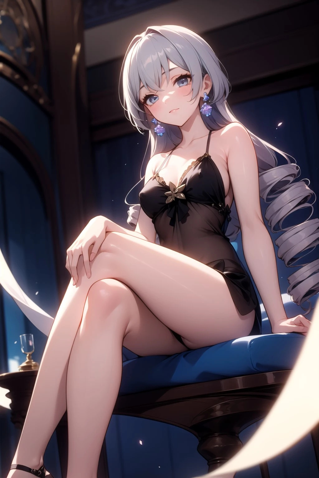 honkai: star rail, bronya rand, 1girls, bare legs, black lingerie, blue eyes, blush, cleavage, crossed legs, drill hair, earrings, grey hair, light skin, light-skinned female, lingerie, long hair, looking at viewer, looking down, looking down at viewer, medium breasts, nipples visible through clothing, on table, see-through, shiny skin, silver hair, sitting on table, smile, solo, table, thighs, ai generated