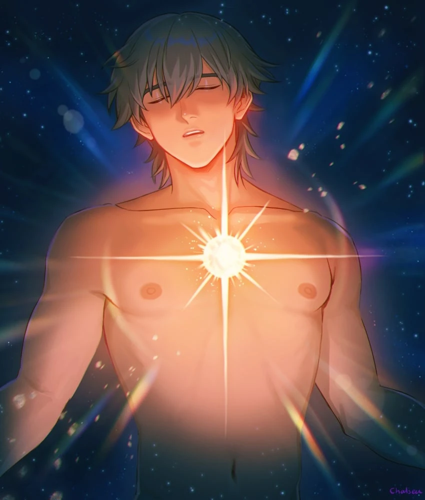 sombre slahc, honkai: star rail, caelus (honkai: star rail), 1boy, belly button, blush, closed eyes, completely naked, completely naked male, completely nude, completely nude male, eyes, gay, glowing, grey hair, male, male focus, male only, muscles, muscular male, naked, naked male, nipples, open mouth, short hair, solo, solo focus, solo male, yaoi, anime style