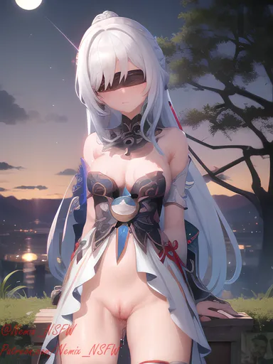 honkai (series), honkai: star rail, jingliu (honkai: star rail), blindfold, curvy, nsfw, pale skin, upskirt, white hair, ai generated