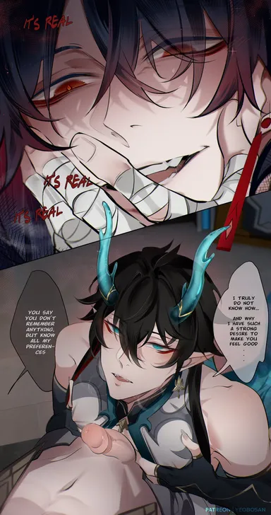 yeobosannsfw, honkai: star rail, blade (honkai: star rail), dan heng, dan heng (imbibitor lunae), 2boys, black hair, clothing, dragon boy, elf ears, gay, hand on chest, horns, looking at another, looking at partner, male/male, multicolored hair, pale skin, penis, precum, yaoi, dialogue, hi res, highres, speech bubble