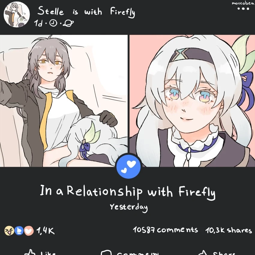 moccobea, facebook, honkai (series), honkai: star rail, firefly (honkai: star rail), stelle (honkai: star rail), 2girls, black gloves, black hairband, black jacket, blue eyes, blush, bottomless, closed mouth, cunnilingus, gloves, grey hair, hair ribbon, hairband, hand on another's head, jacket, long hair, looking at viewer, multicolored eyes, multiple girls, open clothes, open jacket, oral, parted lips, pink eyes, purple ribbon, ribbon, shirt, sitting, smile, trailblazer (honkai: star rail), white hair, white shirt, yellow eyes, yuri, commentary, english text, fake screenshot, highres, meme