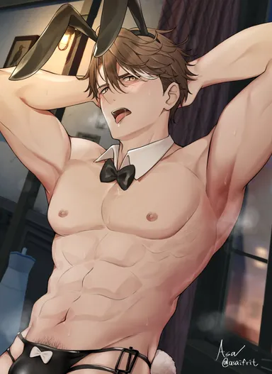 asaifrit, honkai: star rail, welt yang (honkai: star rail), 1boy, abs, armpits, arms up, blush, bowtie, brown hair, bunny ears, bunny tail, bunnysuit, gay, gay male, happy trail, lewd face, male, male only, muscular, muscular male, pubic hair, sexy underwear