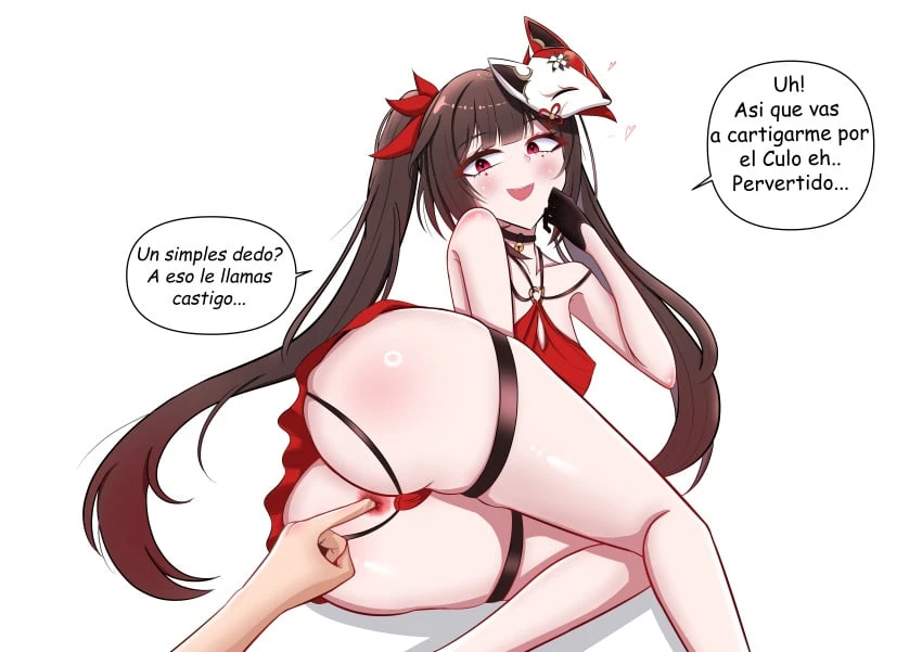 devil4826, honkai: star rail, sparkle (honkai: star rail), 1girls, anal, anal fingering, anal only, anal only panties, brown hair, dress, female, female focus, huge ass, red eyes, twintails, spanish text, text