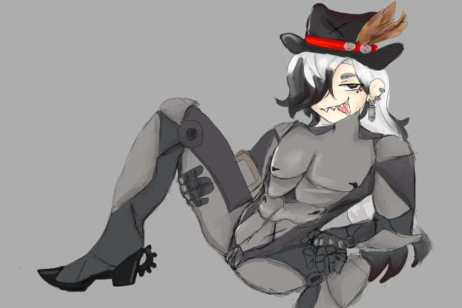 honkai: star rail, boothill (honkai: star rail), black and white hair, cowboy hat, cuntboy, cyborg, tongue out