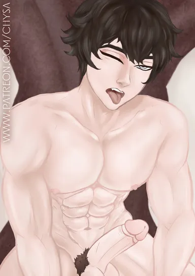 chysa art, honkai: star rail, dan heng, 5black hair, dan heng (honkai: star rail), gay, male, muscles, pale skin, solo, tongue, tongue out, wink