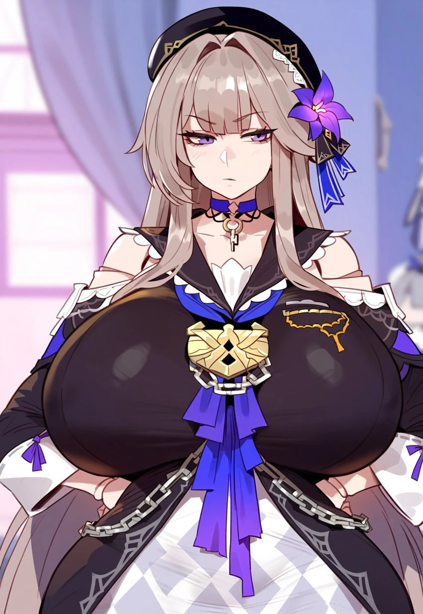 floox, thiccwithaq (ai style), honkai (series), honkai: star rail, herta (honkai: star rail), 1girls, aged up, alternate breast size, breasts, brown hair, female, hat, huge breasts, light skin, light-skinned female, long hair, massive breasts, purple eyes, thick thighs, wide hips, ai generated, artstyle imitation, high resolution, stable diffusion