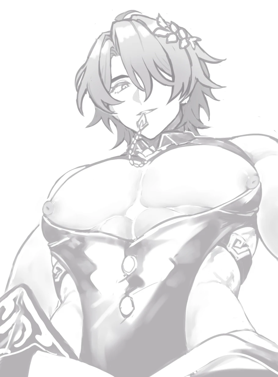 honkai (series), honkai: star rail, dr. ratio (honkai: star rail), 1boy, abs, big pecs, boob window, chest, chest window, clothed, erect nipples, eyelashes, hair, hair ornament, hair over one eye, looking at viewer, looking down, male only, muscular, muscular male, nipple bulge, nipples, shiny clothes, smile, smiling, smiling at viewer, solo, solo focus, solo male