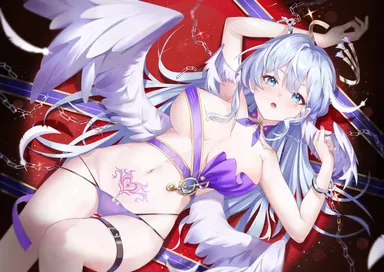 blhazx, honkai (series), honkai: star rail, robin (honkai: star rail), 1girls, arm up, armpit crease, armpits, bare legs, belt, blue eyes, blue hair, blush, breasts, collar, covered nipples, cuffs, detached collar, feathers, female, female only, fingernails, groin, hair between eyes, hair intakes, halo, hand up, handcuffs, head wings, jewel under eye, large breasts, looking at viewer, lower teeth only, lying, navel, no pants, on back, panties, pubic tattoo, purple collar, purple panties, saliva, sidelocks, stomach, tattoo, teeth, thigh belt, thigh strap, topless, underwear, white feathers, wings, absurdres, highres