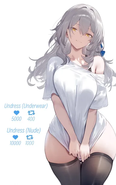 setsumanga, honkai: star rail, stelle (honkai: star rail), big breasts, black legwear, black stockings, covering, covering pussy, gray hair, legwear, looking at viewer, pulling shirt down, seductive, seductive look, seductive smile, shirt, shirt tug, silver hair, smile, smiling, stockings, t-shirt, white background, white shirt, white t-shirt, yellow eyes, ai generated, simple background