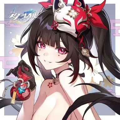 honkai (series), honkai: star rail, sparkle (honkai: star rail), bare shoulders, bell, black choker, black gloves, black hair, blunt bangs, choker, criss-cross halter, dress, eyeshadow, facial mark, female, fox mask, gloves, grin, halterneck, holding, long hair, looking at viewer, makeup, mask, mask on head, naked, neck bell, o-ring, purple eyes, red dress, smile, solo, twintails, upper body, very long hair