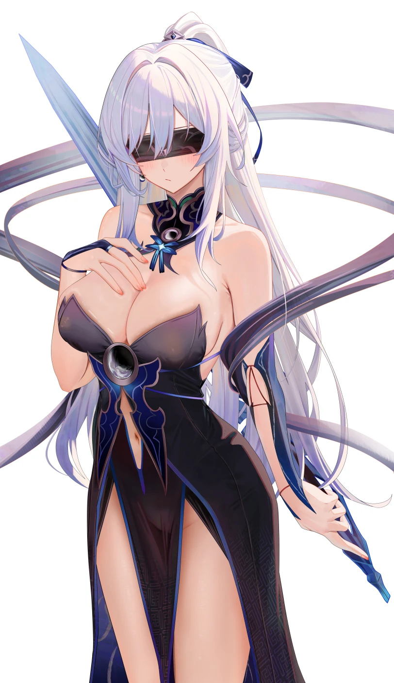 ru zhai, honkai (series), honkai: star rail, jingliu (honkai: star rail), 1girls, blindfold, blindfolded, blush, blush lines, blushing, china dress, chinese clothes, female, female focus, female only, hand on breast, large breasts, light skin, light-skinned female, long hair, no bra, no panties, only female, skimpy, skimpy clothes, skimpy dress, sword, white hair, tagme