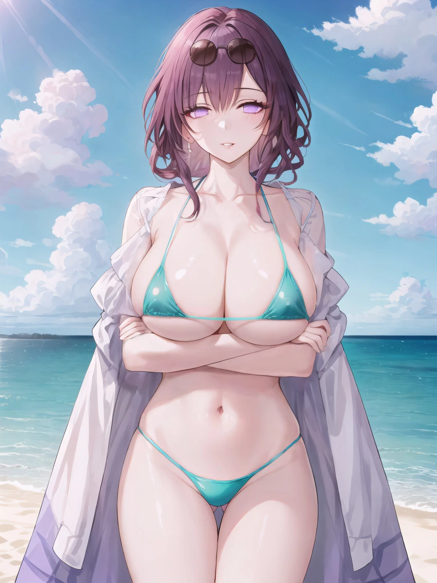 stable diffusion, honkai: star rail, kafka (honkai: star rail), 1girls, beach, bikini, curvaceous, curvy body, curvy female, female focus, female only, huge breasts, short hair, solo female, solo focus, voluptuous, voluptuous female, ai generated