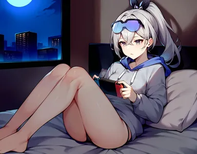 aimoonshine, honkai (series), honkai: star rail, mihoyo, silver wolf (honkai: star rail), 1girls, ass, bare legs, barefoot, bed, black panties, crossed bangs, eyewear on head, female, female only, grey eyes, grey hair, grey hoodie, hair between eyes, hair ribbon, handheld game console, holding, holding handheld game console, hood, hoodie, indoors, legs, long hair, long sleeves, moon, night, nintendo switch, on bed, panties, parted lips, pillow, ponytail, sitting, solo, sunglasses, thighs, underwear, window, ai generated