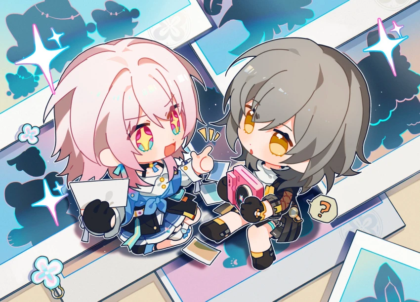 artist request, honkai (series), honkai: star rail, march 7th (honkai: star rail), stelle (honkai: star rail), wubbaboo (honkai: star rail), :d, :o, ?, 2girls, black choker, black footwear, black gloves, camera, chibi, choker, gloves, grey hair, looking at another, multiple girls, open mouth, pink hair, smile, star (symbol), star-shaped pupils, symbol-shaped pupils, trailblazer (honkai: star rail), yellow eyes, chinese commentary, official art, speech bubble