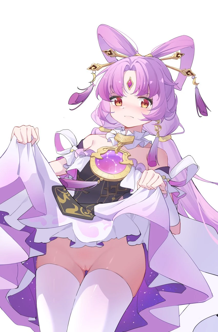 honkai (series), honkai: star rail, fu xuan (honkai: star rail), armpit crease, blush, breasts, brown eyes, chinese clothes, closed mouth, clothes lift, dress, dress lift, embarrassed, eyebrows hidden by hair, female, forehead jewel, from below, full-face blush, groin, hair ornament, hair rings, long hair, looking at viewer, looking down, ningmeng jing jing jing jing, pink hair, pussy, small breasts, solo, thighhighs, very long hair, white background, white dress, white thighhighs, absurdres, highres, simple background