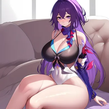 bluecatrip, honkai (series), honkai: star rail, hoyoverse, mihoyo, seele (honkai: star rail), bare shoulders, belly button, big ass, big breasts, big butt, blush, cleavage, couch, covered navel, crossed legs, detached sleeves, fit, fit female, hands behind back, huge breasts, long hair, looking at viewer, navel, nose, nose blush, purple eyes, purple hair, shy, sitting on couch, sleeves, thick thighs, ai generated, stable diffusion