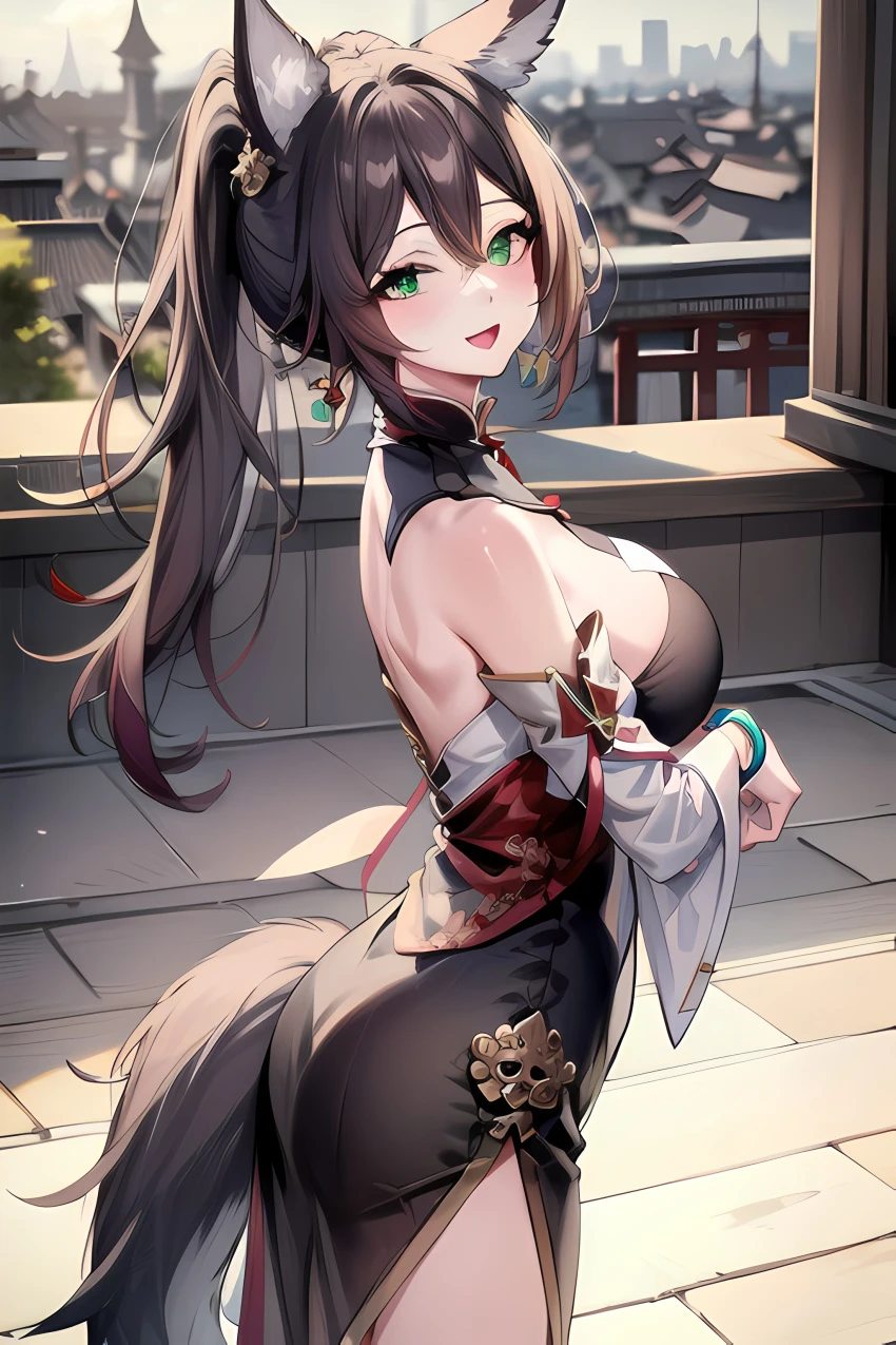 honkai: star rail, tingyun (honkai: star rail), big ass, big booty, big breasts, big butt, brown hair, chinese clothes, chinese dress, curvy, curvy figure, cute, cute face, dark hair, detailed background, fox, fox ears, fox tail, green eyes, looking at viewer, ponytail, sexy, sexy pose, smile, smiling, tail, thick thighs, ai generated, detailed, hi res, high resolution, highres