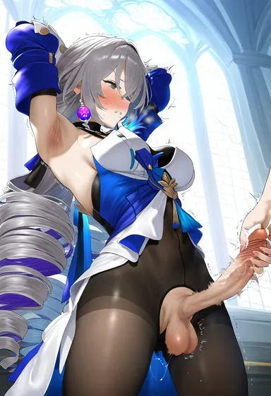 honkai: star rail, bronya rand, arms behind head, ejaculation, erection, futanari, handjob, leaning back, projectile cum, sagging testicles, spread legs, veiny penis, ai generated