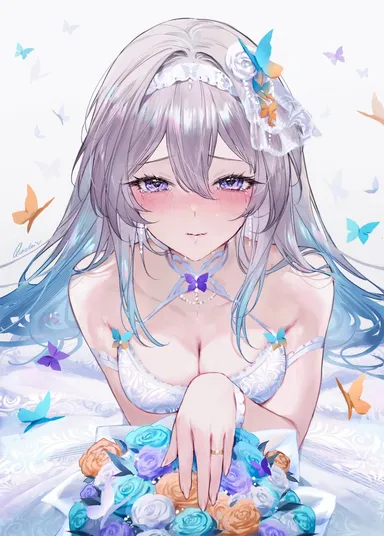 qiandaiyiyu, honkai (series), honkai: star rail, firefly (honkai: star rail), 1girls, blush, blushing at viewer, butterflies, butterfly, cleavage, cleavage cutout, crying, crying with eyes open, female, female focus, female only, flower, flower in hair, flowers, gradient hair, grey hair, happy, happy tears, light skin, light-skinned female, long hair, looking at viewer, medium breasts, purple eyes, ring, ring on finger, romantic, romantic ambiance, surprise, surprised, surprised expression, wedding, wedding dress, wedding lingerie, wedding ring, tagme