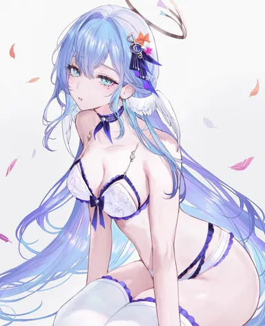 qiandaiyiyu, honkai (series), honkai: star rail, robin (honkai: star rail), 1girls, ass, blue eyes, blue hair, bra, cyan eyes, female, female focus, female only, halo, light blue hair, light skin, light-skinned female, long hair, looking at viewer, looking from below, on knees, panties, thick ass, thick thighs, thighhighs, thighs, underwear, white bra, white panties, wings, wings on head, tagme