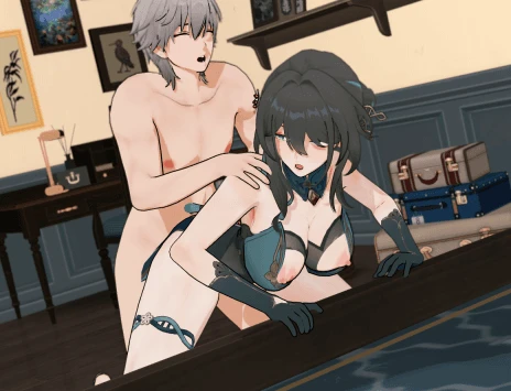 honkai (series), honkai: star rail, caelus (honkai: star rail), ruan mei (honkai: star rail), 1boy, 1girls, bent over, black hair, blue eyes, breasts, cum inside, from behind, gloves, jiggling breasts, leaning forward, nude, on knees, orgasm, penetration, pleasure face, rough sex, sex, sex from behind, silver hair, thigh strap, thrusting, animated