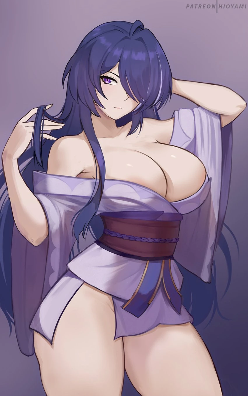 hioyami, genshin impact, honkai (series), honkai: star rail, acheron (honkai: star rail), raiden shogun (cosplay), 1girls, breasts, female, large breasts, light skin, light-skinned female, long hair, purple eyes, purple hair, thick thighs, high resolution