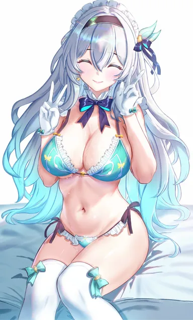 zea (zeamilky), honkai: star rail, firefly (honkai: star rail), 1girls, bare arms, bare belly, bare chest, bare midriff, bare shoulders, bare skin, bare thighs, bed, belly, belly button, bikini, bikini bottom, bikini top, black hairband, blue bikini, blue bikini bottom, blue bikini top, blue hair, blue hair female, blue ribbon, blue string bikini, blue swimsuit, blue swimwear, blush, blush lines, blushing female, breasts, cleavage, closed eyes, closed mouth, dot nose, earrings, elbows, female, female focus, female only, fingers, gloves, groin, hair between eyes, hair ornament, hair ornaments, hairband, hourglass figure, knees, large breasts, legs, light skin, light-skinned female, lips, long hair, multicolored hair, naked, naked female, navel, nude, nude female, pussy, ribbon, shoulders, side-tie bikini, side-tie bikini bottom, side-tie swimsuit, side-tie swimwear, simple background, sitting, sitting on bed, slender body, slender waist, slim girl, slim waist, smile, smiling, smiling at viewer, solo, string bikini, swimsuit, swimwear, thick thighs, thighhighs, thighs, thin waist, upper body, v, v-line, white background, white gloves, white hair, white hair female, white thighhighs, wide hips, absurd res, absurdres, high resolution, highres