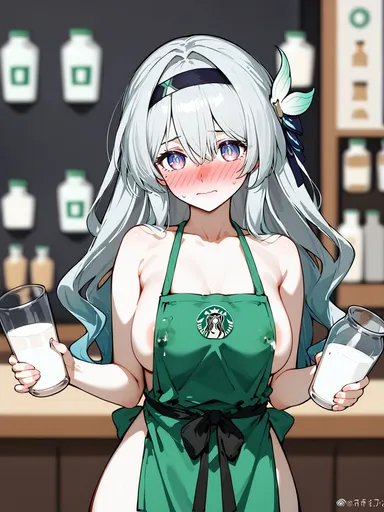 snowy yukino, honkai: star rail, hoyoverse, starbucks, firefly (honkai: star rail), areola slip, blush, heavy blush, implied lactation, lactating, lactating in cup, lactating in glass, lactation, milk, naked apron, sideboob, ai generated