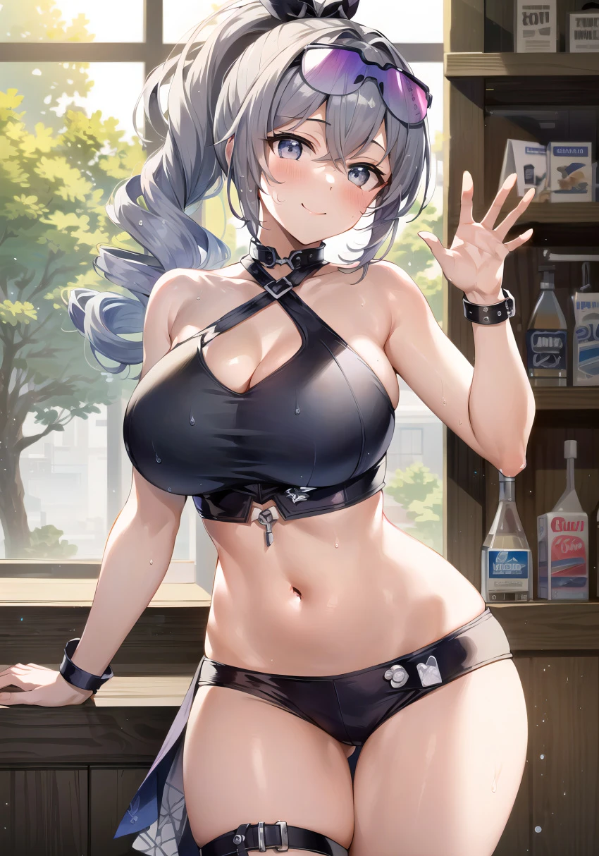 stable diffusion, honkai: star rail, silver wolf (honkai: star rail), curvy, curvy body, curvy figure, eyewear on head, female focus, female only, huge breasts, seductive look, sunglasses on head, voluptuous, voluptuous female, ai generated, hi res