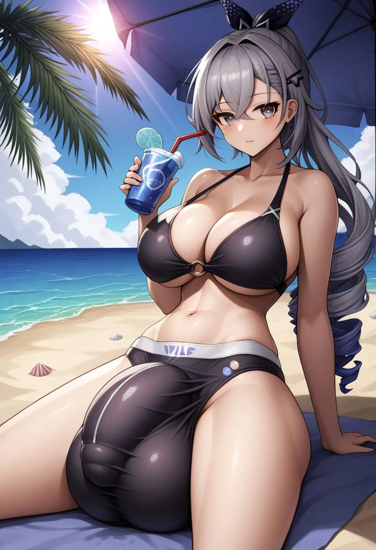 mizuiro01, honkai: star rail, silver wolf (honkai: star rail), 1futa, arm support, bangs, bare shoulders, beach, beach umbrella, big balls, big breasts, big penis, big testicles, bikini, black bikini, blue sky, blush, bronie, closed mouth, cloud, collarbone, crossed bangs, drill hair, drinking straw, earrings, flaccid, flaccid penis, full-package futanari, futa only, futanari, gray hair, grey eyes, grey hair, hair between eyes, hair ornament, hairbow, holding, holding cup, holding drink, holding object, huge balls, huge breasts, huge testicles, jewelry, long hair, looking at viewer, ocean, palm tree, parted lips, ponytail, sitting, sky, solo, solo futa, standing, stomach, straw, sunlight, swimsuit, testicles, tree, twin drills, umbrella, water, ai generated, civitai