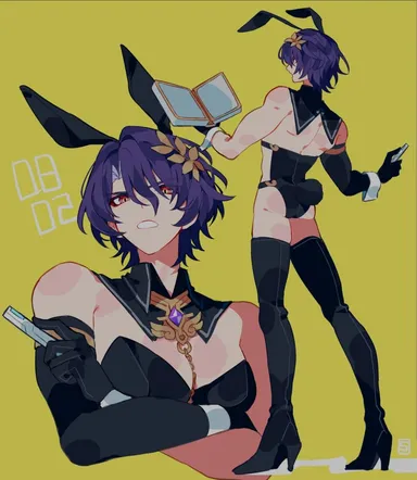 honkai (series), honkai: star rail, dr. ratio (honkai: star rail), bunnysuit, heel boots, heeled boots, heels, male focus, male only, thighhighs