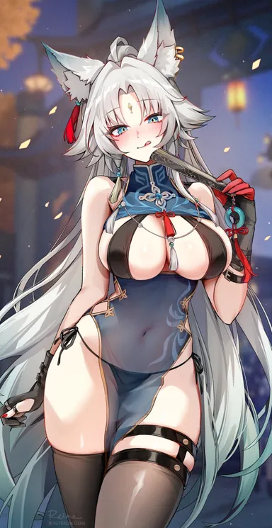 foxyreine, honkai (series), honkai: star rail, feixiao (honkai: star rail), 1girls, animal ears, big breasts, black panties, blue eyes, blush, breasts, fox ears, fox girl, kemonomimi, light skin, light-skinned female, long hair, looking at viewer, panties, pointy chin, smile, solo, standing, thigh highs, thighhighs, tongue, tongue out, white hair, 2024, hi res