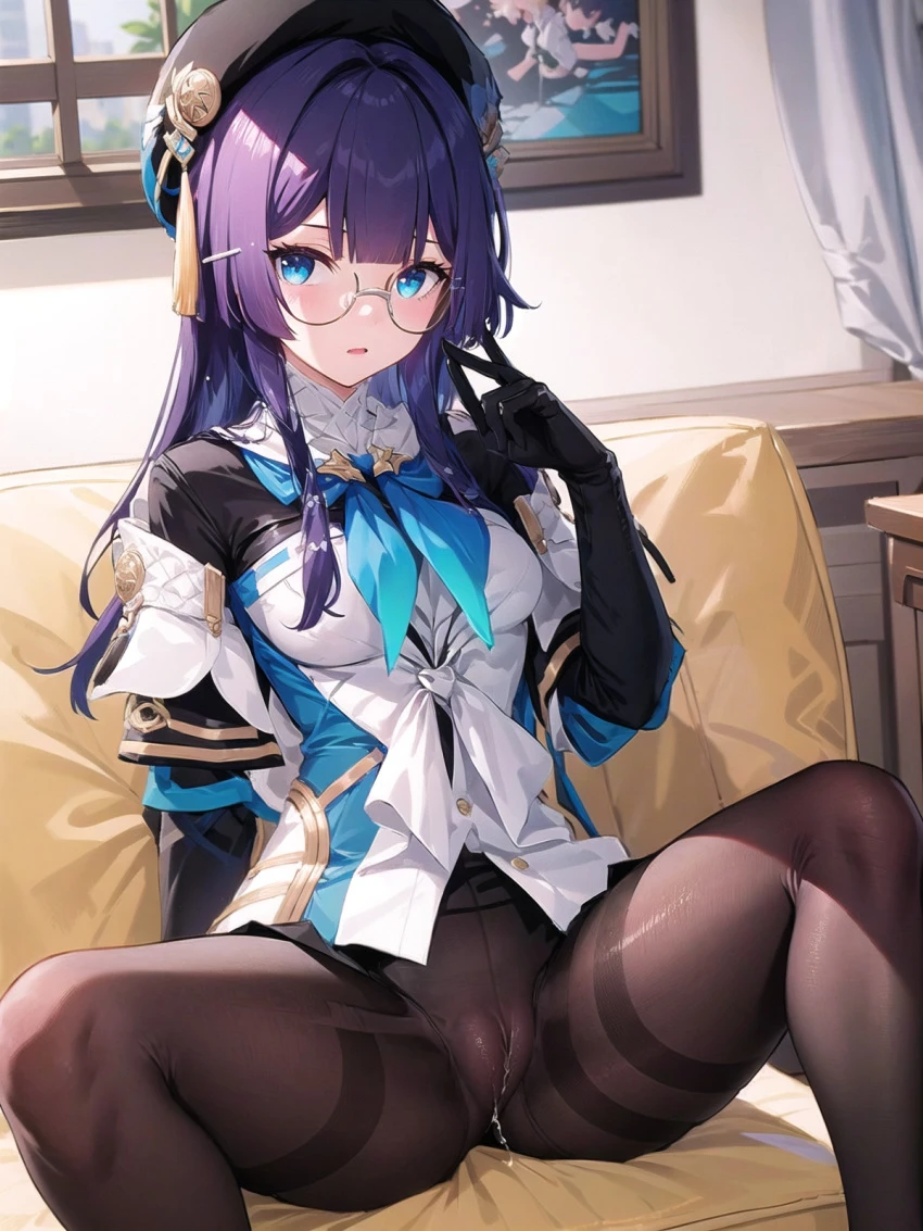 honkai (series), honkai: star rail, pela (honkai: star rail), 1girls, blue eyes, blue hair, couch, female, glasses, hat, indoors, long hair, pantyhose, pussy juice, pussy juice drip, solo, spread legs, wet pussy, ai generated