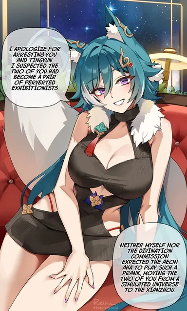 foxyreine, honkai (series), honkai: star rail, yukong (honkai: star rail), 1girls, aqua hair, breasts, dress, female, fluffy ears, fluffy tail, fox ears, fox girl, fox tail, foxyrain, hips, huge breasts, indoors, kemonomimi, kitsune, light skin, light-skinned female, long hair, purple eyes, smile, tail, thick thighs, thighs, wide hips, dialogue, english text