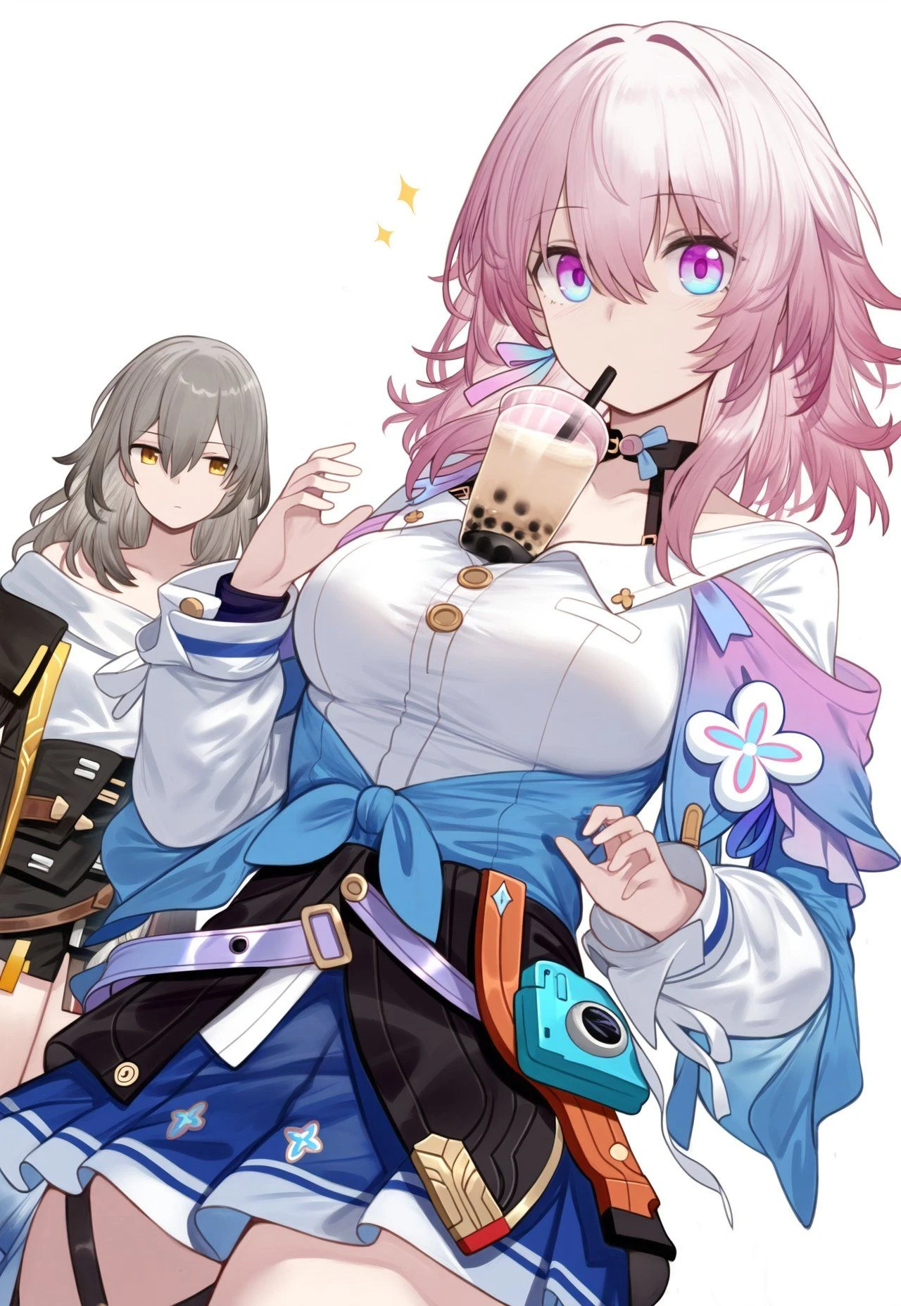 honkai: star rail, march 7th (honkai: star rail), stelle (honkai: star rail), 2girls, boba tea, boba tea challenge, clothed, clothing, female, female only, grey hair, jacket, looking at another, looking at viewer, multiple girls, pink eyes, pink hair, sparkles, tea cup, white background, yellow eyes