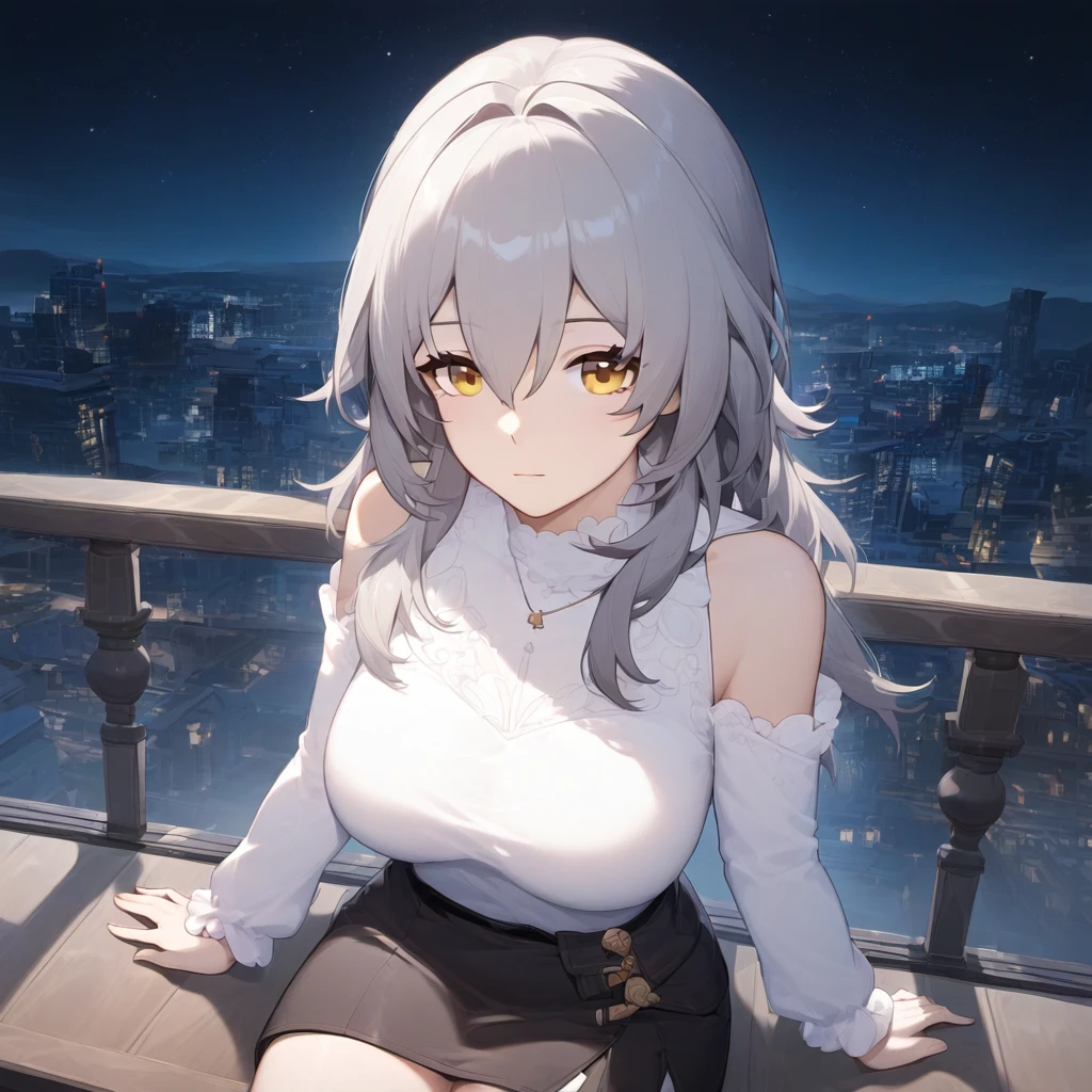 honkai (series), honkai: star rail, hoyoverse, stelle (honkai: star rail), city, clothed female, clothing, female focus, female only, grey hair, looking at viewer, sitting, yellow eyes, ai generated, sfw