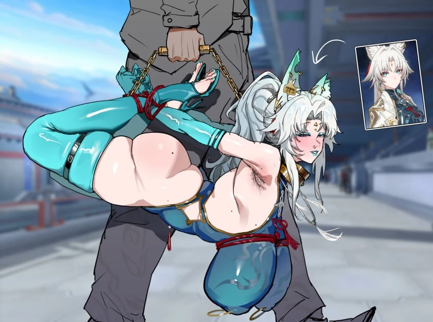 kuook, honkai (series), honkai: star rail, feixiao (honkai: star rail), big ass, big breasts, blue lipstick, bondage, collar, curvy female, curvy figure, cyan lipstick, ear piercing, grey hair, hairy armpits, heels, latex gloves, latex thighhighs, mole on ass, mole on breast, nose piercing, piercings, tied up, tagme