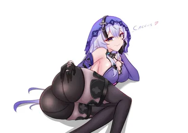 devil4826, honkai: star rail, black swan (honkai: star rail), caelus (honkai: star rail), 1boy, 1girls, big ass, big breasts, detached sleeves, female, female focus, gloves, headdress, looking at viewer, purple eyes, purple hair, shirt, short shorts, shorts, smile, stockings, thigh boots, veil