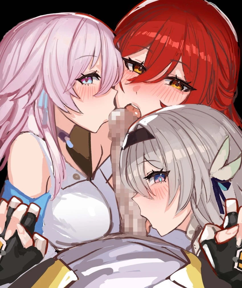 honkai (series), honkai: star rail, caelus (honkai: star rail), firefly (honkai: star rail), himeko (honkai: star rail), march 7th (honkai: star rail), 1boy, 3girls, black background, black gloves, black hairband, blue eyes, blue ribbon, blush, breasts, clothed sex, cooperative fellatio, double-parted bangs, erection, fellatio, fingerless gloves, gloves, grey hair, group sex, hair between eyes, hair ribbon, hairband, harem, holding hands, interlocked fingers, licking, licking penis, long hair, looking at viewer, medium breasts, medium hair, multicolored eyes, multiple girls, open mouth, oral, orange eyes, penis, pink hair, pov, puckered lips, purple eyes, red hair, ribbon, shirt, simple background, sleeveless, sleeveless shirt, soystar, straight, tongue, tongue out, trailblazer (honkai: star rail), two-tone eyes, upper body, white shirt, absurdres, censored, commentary, highres, mosaic censoring