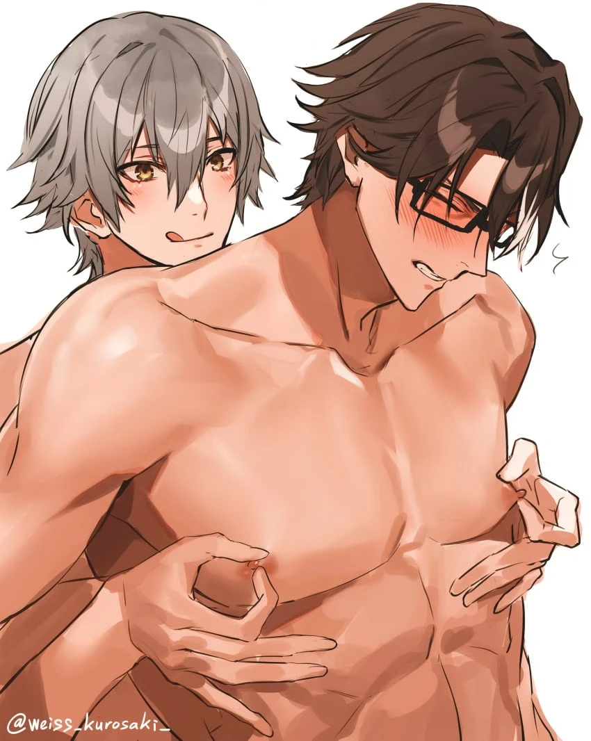 weiss kurosaki, honkai (series), honkai: star rail, caelus (honkai: star rail), welt yang (honkai: star rail), blush, brown hair, flinch, flinching, gay, glasses, grey hair, muscles, muscular, muscular male, nipple pinch, nipples, nude, nude male, yellow eyes