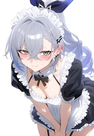 honkai: star rail, silver wolf (honkai: star rail), 1girls, blush, bow, breasts, cleavage, clothed, clothing, cosplay, dress, ear piercing, embarrassed, female, grey eyes, grey hair, looking at viewer, maid, maid headdress, maid uniform, ponytail, solo, wavy mouth, ai generated