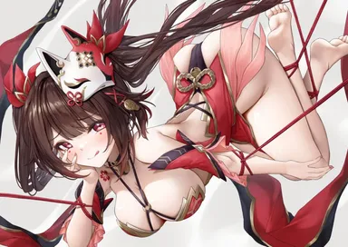 xfate, honkai (series), honkai: star rail, sparkle (honkai: star rail), :q, adapted costume, alternate breast size, armpit crease, ass, back, backless dress, backless outfit, bare legs, bare shoulders, barefoot, bell, black panties, blush, bow, breasts, brown hair, circle facial mark, cleavage, closed mouth, criss-cross halter, criss-cross straps, detached sleeves, dress, facial mark, feet, female, floating hair, flower in eye, flower tattoo, fox mask, groin, hair bell, hair ornament, hairbow, halterneck, hand on own face, hand on own knee, japanese clothes, large breasts, legs, long hair, looking at viewer, mark under both eyes, mask, mask on head, median furrow, multiple hair bows, nail polish, neck bell, panties, pink nails, red bow, red dress, red eyes, red nails, red sleeves, sidelocks, soles, solo, symbol in eye, tattoo, toes, tongue, tongue out, twintails, underwear, very long hair, white background, commentary, highres