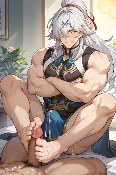 honkai (series), honkai: star rail, jing yuan, viewer, at, bara, bara butt, bara feet, bara tits, best, big, big ass, big feet, big pecs, big penis, big thighs, bright, crossed arms, cum, detailed, erection under clothes, feet, focus, foot fetish, foot grab, foot worship, footjob, footwear, footwear only, gay, gay sex, giant, gold eyes, hair, large, looking, male, male focus, male foot fetish, medium, muscle, muscular, penis, perfect, precum, precum drip, proportions, quality, shot, skin, testicles, well, white hair, yellow eyes, ai generated