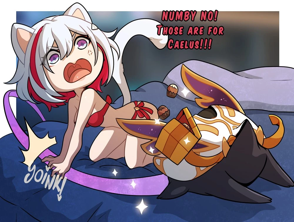 kinkymation, honkai (series), honkai: star rail, topaz (honkai: star rail), 1girls, anger vein, angry, angry face, cat ears, cat tail, catgirl, female, female only, medium hair, on bed, purple eyes, red hair, solo, sweet, tail, two tone hair, white hair, dialogue, english text, text