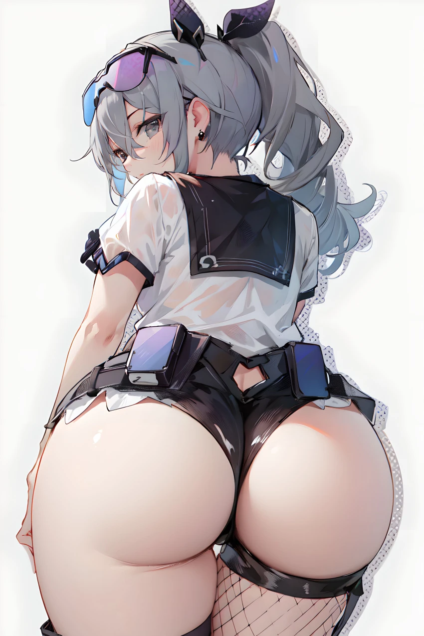 honkai (series), honkai: star rail, bronya zaychik, silver wolf (honkai: star rail), alternate costume, ass, ass focus, big ass, big butt, blush, breasts, brown eyes, eyewear on head, female, from behind, hairbow, huge ass, long hair, looking at viewer, looking back, medium breasts, ponytail, see-through, see-through clothing, see-through shirt, shiny, shiny clothes, shiny hair, shiny skin, short shorts, shorts, sideboob, silver hair, single thighhigh, solo, sunglasses on head, thighhighs, ai generated